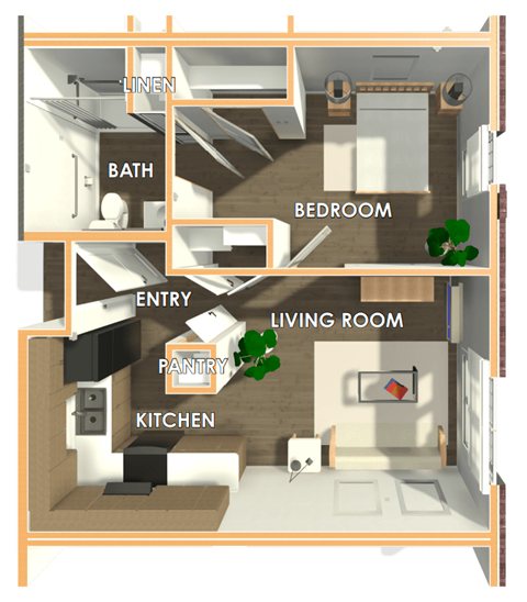 Floor plan for 1 bed, 1 bath, 535 sqft